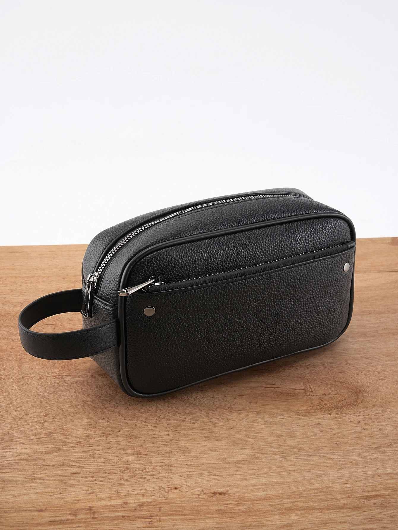 Men's Textured PU Leather Organizer Bag - Dual Zipper Hand Carry w/ Detachable Strap, Fits Phone & Essentials