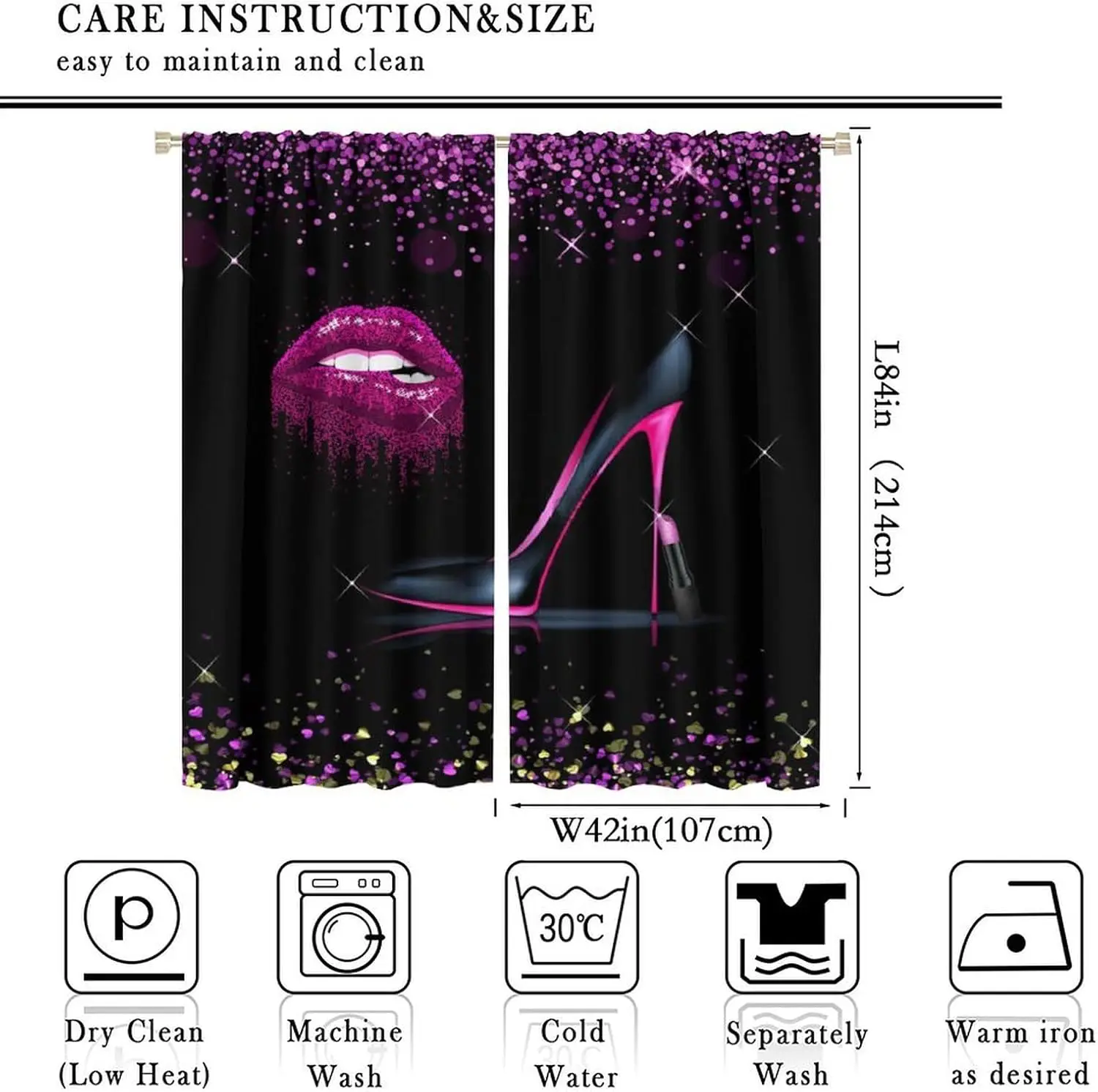 Lips Curtains for Girls Bedroom,Black Pink High-Heeled Shoes Glitter Texture Print Window Treatments for Living Room Valentine