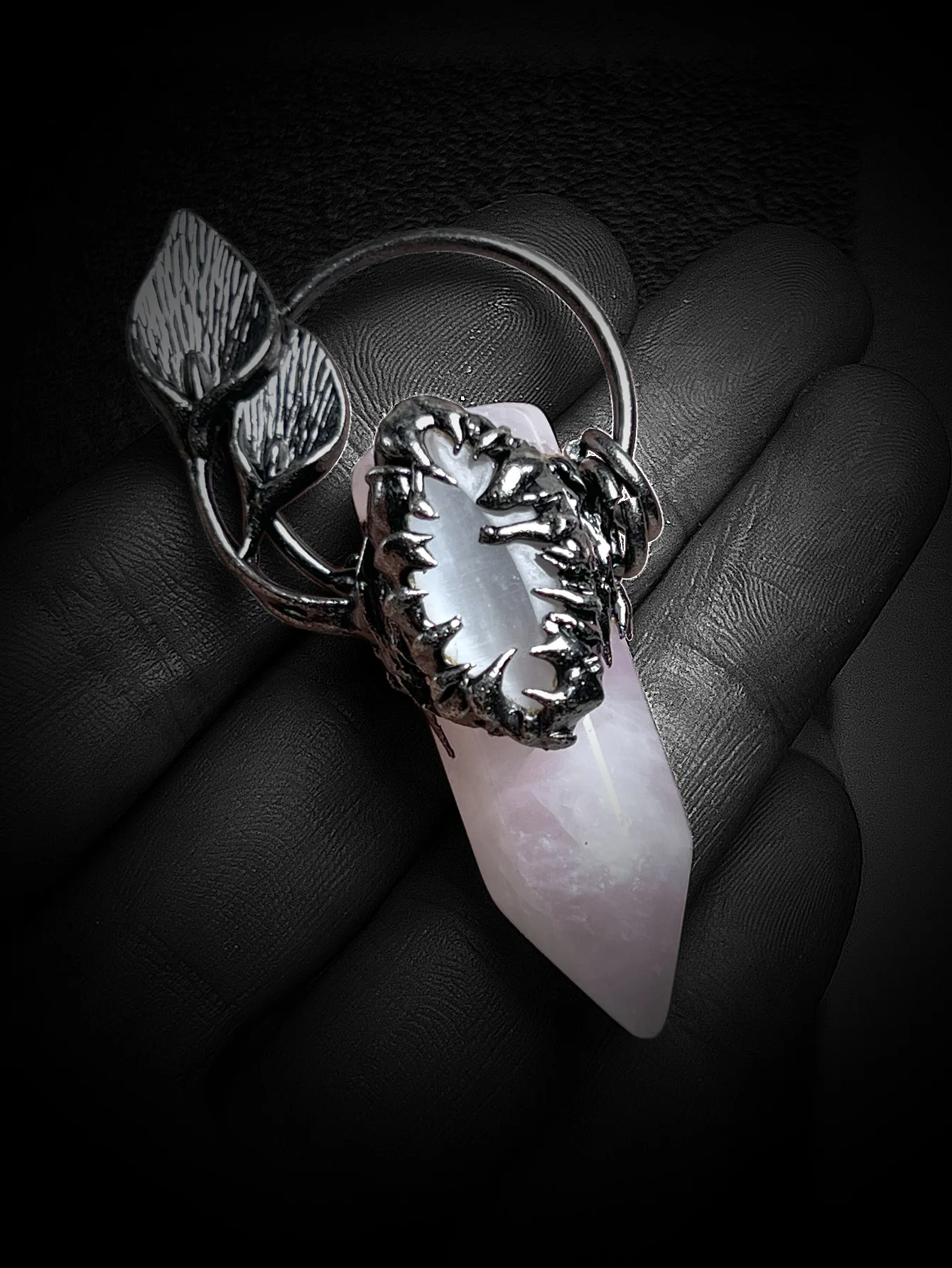 YEEVAA Halloween Skull Vintage Pink Crystal Hexagonal Pillar Set with Cat's Eye Stone Plated Antique Silver Pendant