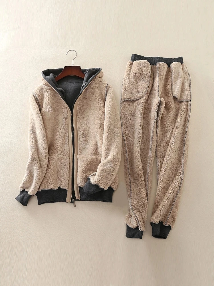 2-Piece Cashmere Hooded Tracksuit for Women, Thick Sweatshirts, Warm Sports Suits, 3XL, Winter