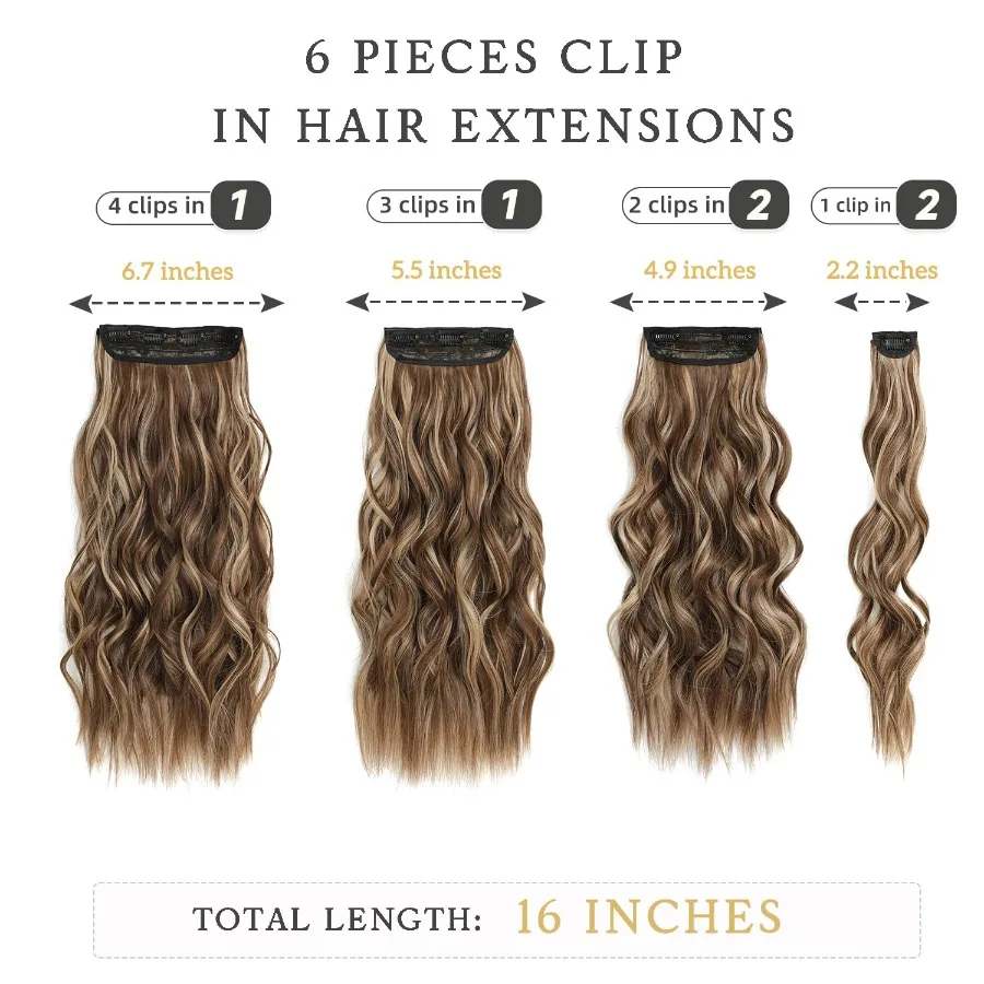 وصلات شعر كليبين للنساء مع بني فاتح وأشقر يسلط الضوء على قطع شعر صناعية طويلة مموجة 6 قطع 16 بوصة سميكة ناتو