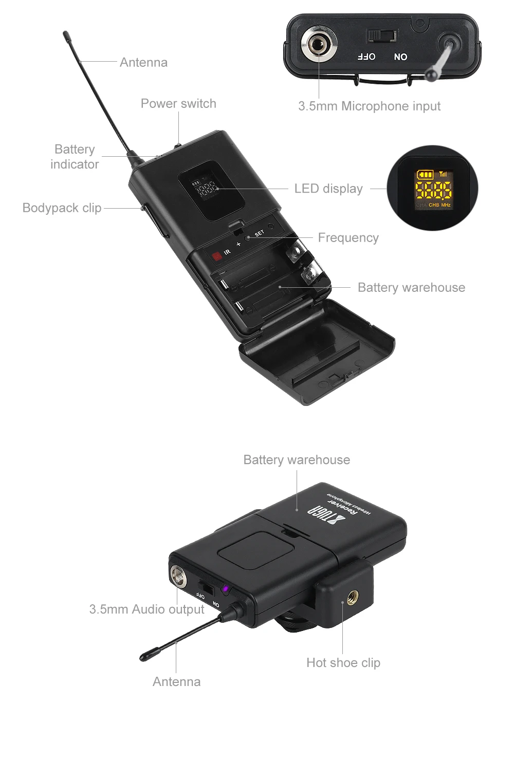 XTUGA CM4 Telecamera wireless da bavero/microfono wireless dslr per la registrazione di interviste Insegnamento della registrazione vocale