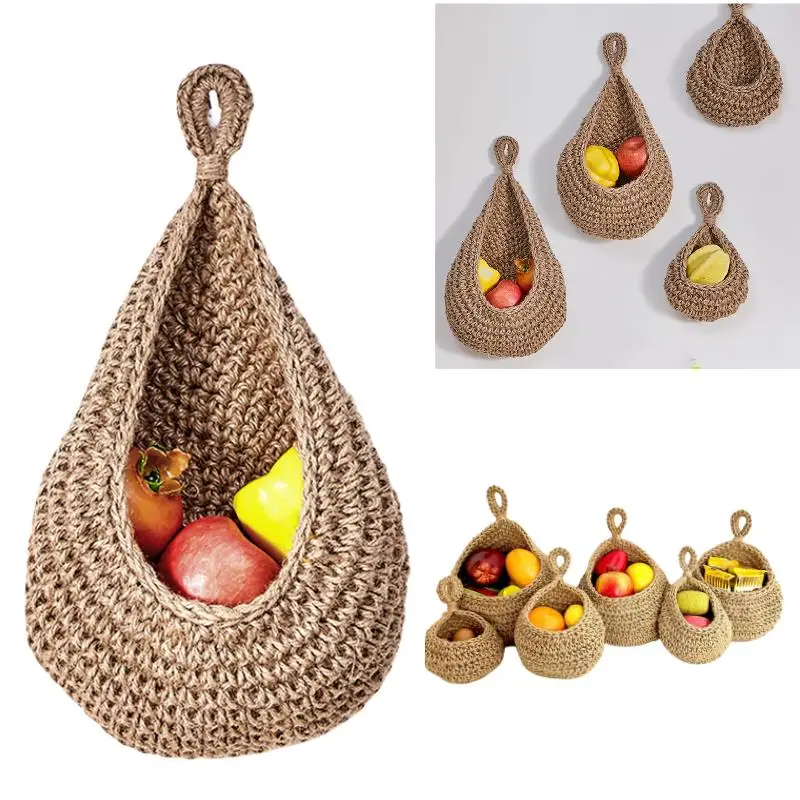 Handwoven Wall Hanging Fruit Vegetable Basket Teardrop Plant Basket Kitchen Table Wall Hanging Net Bag Storage Basket Container