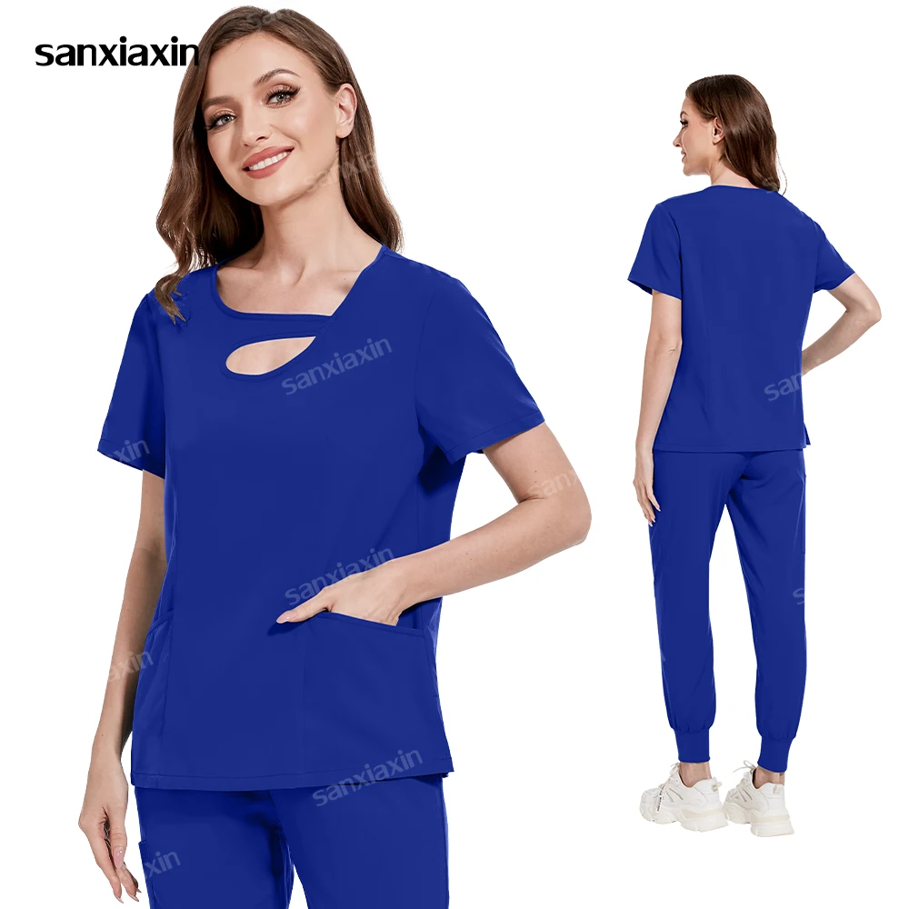 Spandex e Stretch Uniformes Médicos para Mulheres, Hospital Scrubs Set, Roupas de Enfermagem, Conjuntos de Enfermeira, Fit, Novo Design