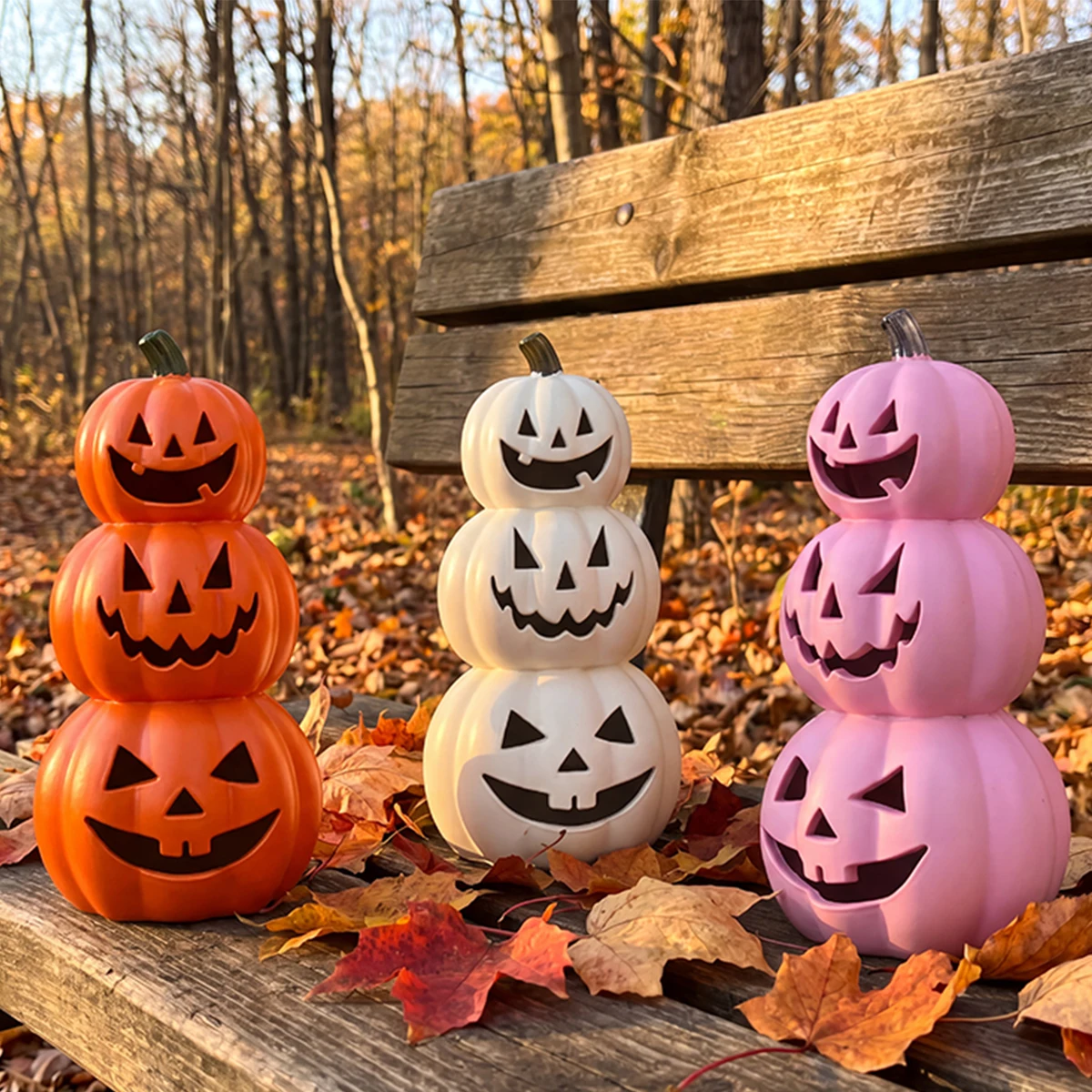 Halloween Garden Outdoor Decor Pumpkin Figurine, 3-Tier Hollow-Out Pumpkin Face Collectible Figurines Spooky Pumpkin Statue