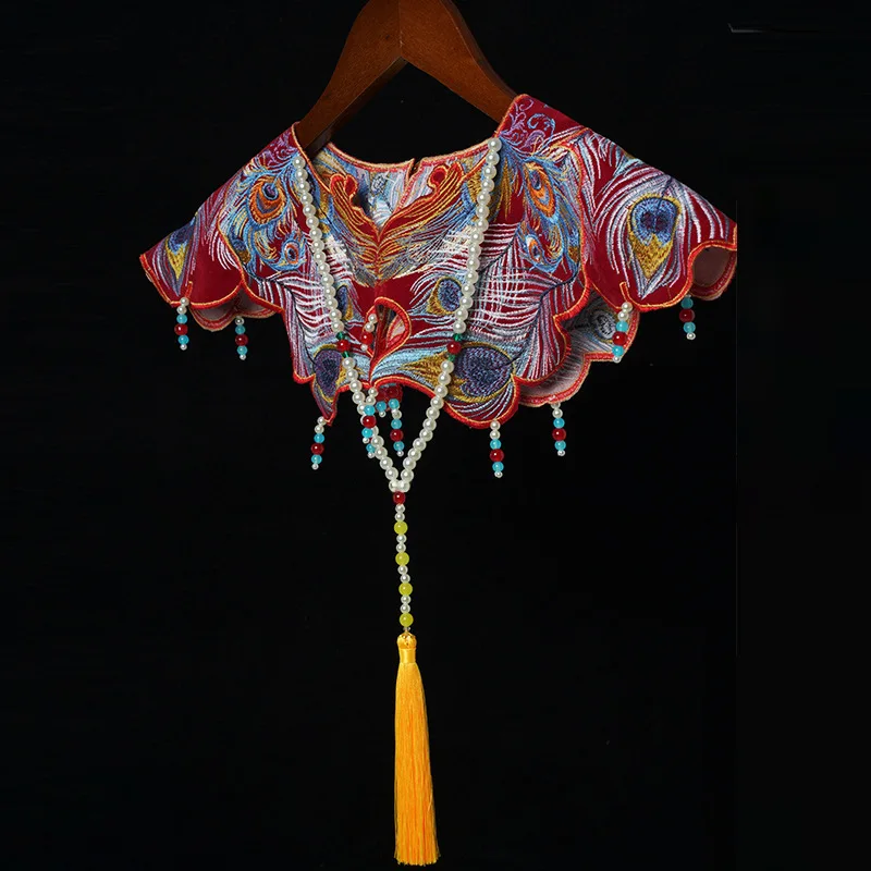 Hanfu cloud shoulder new Chinese style shawl decoration embroidered fake collar peacock feather shoulder Cloak