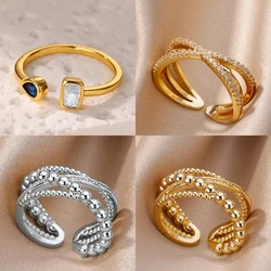 Zircon Square Drop Rings For Women Stainless Steel Gold Color Geometric Ring Wedding Engagement Christmas Jewelry Gift