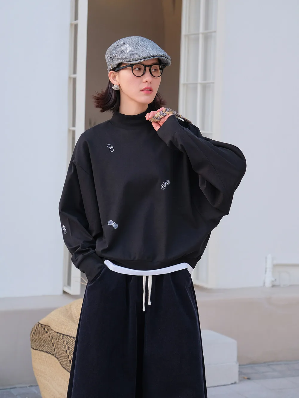 

Spring New Arrival Pure Cotton Embroidery f High Collar Bat Sve T Long Sve Ladies Casual Sle Top