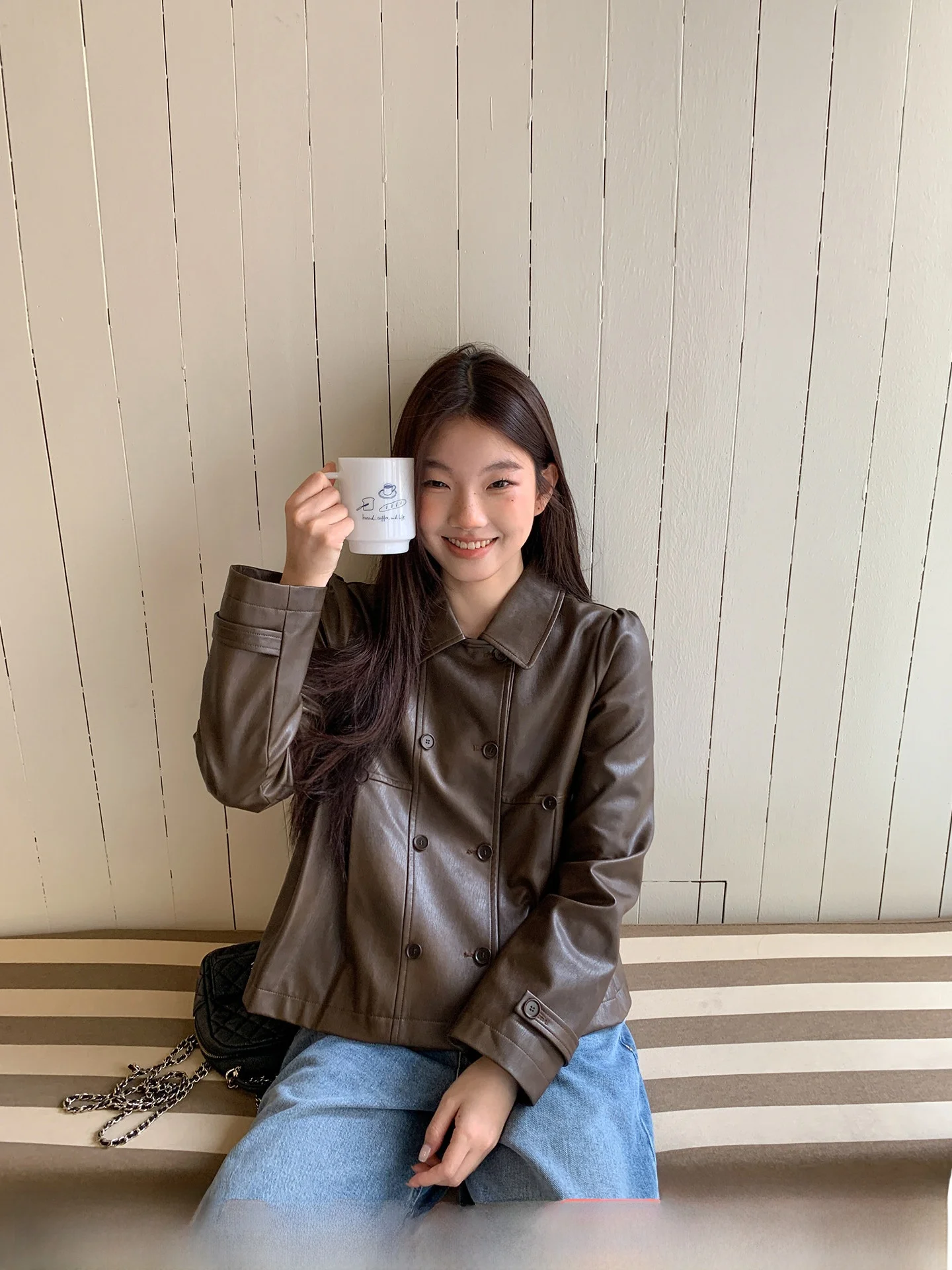 

Adjustable Waist Leather Jaet Double Row Buttons Sweet Cool Casual Loose Fit ort Length PU Leather Coat