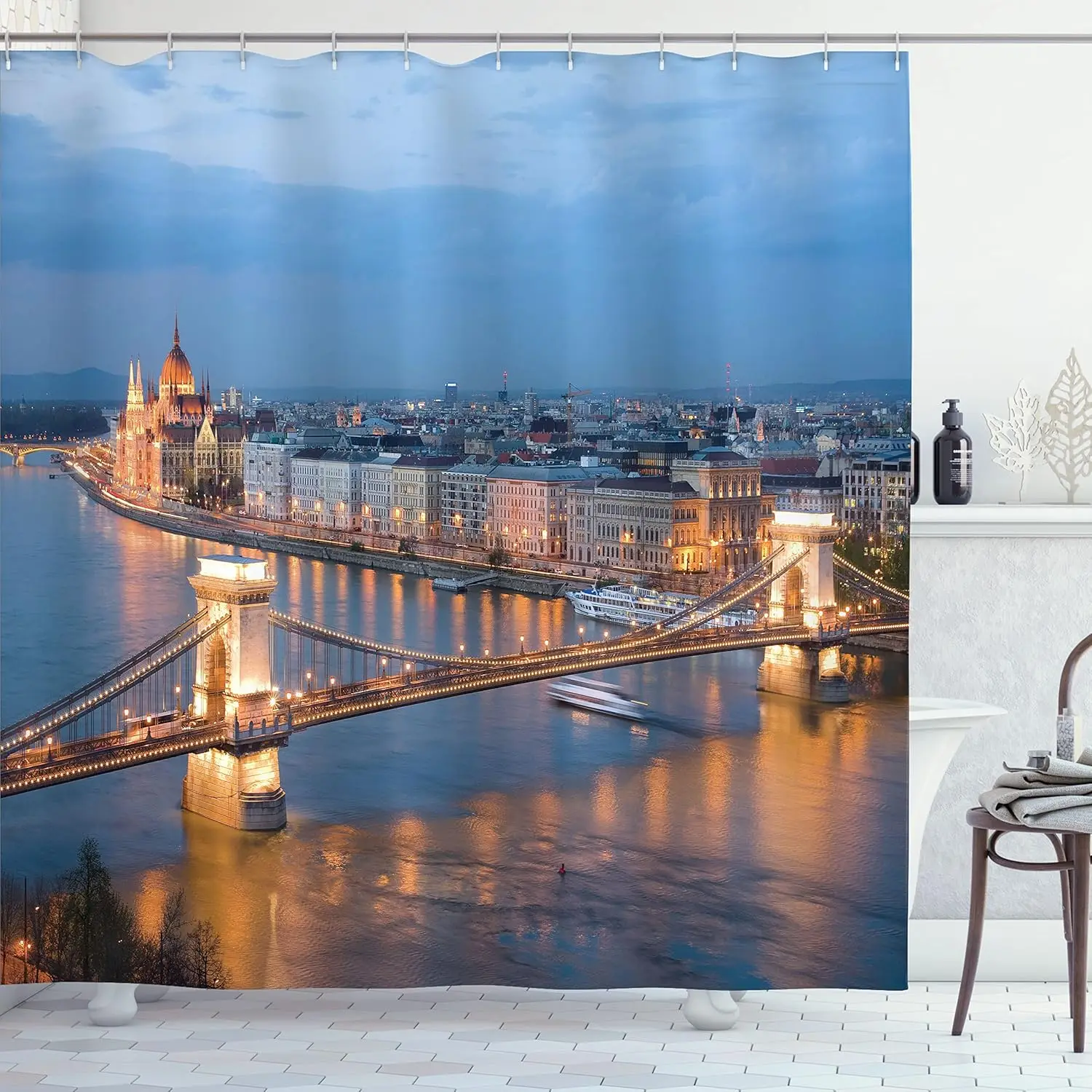 

Занавеска для душа с изображением Будапешта и моста, ночной вид на город, европейский декор для путешествий, лен, 180x210 см