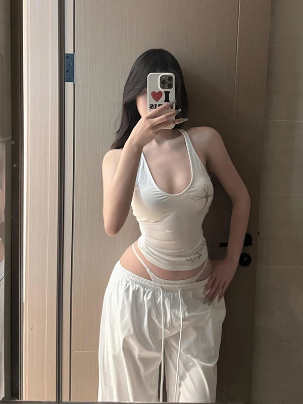 아메리칸 펑크 힙합 워크웨어 탱크탑 아우터웨어 화이트 스트랩 바 매듭 디자인 유니크 스몰 엔스 어퍼 의류