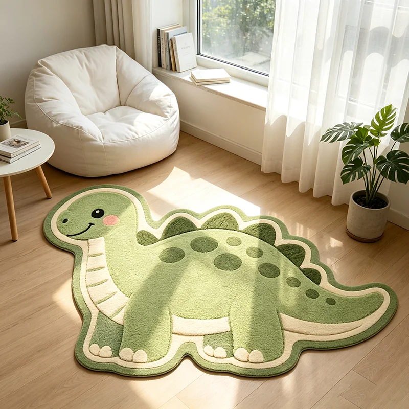 Green Cartoon Dinosaur Shaped Rug Creative Cute Plush Bedside Floor Mat Fashion Home Decor Carpet for Living Room & Bedroom