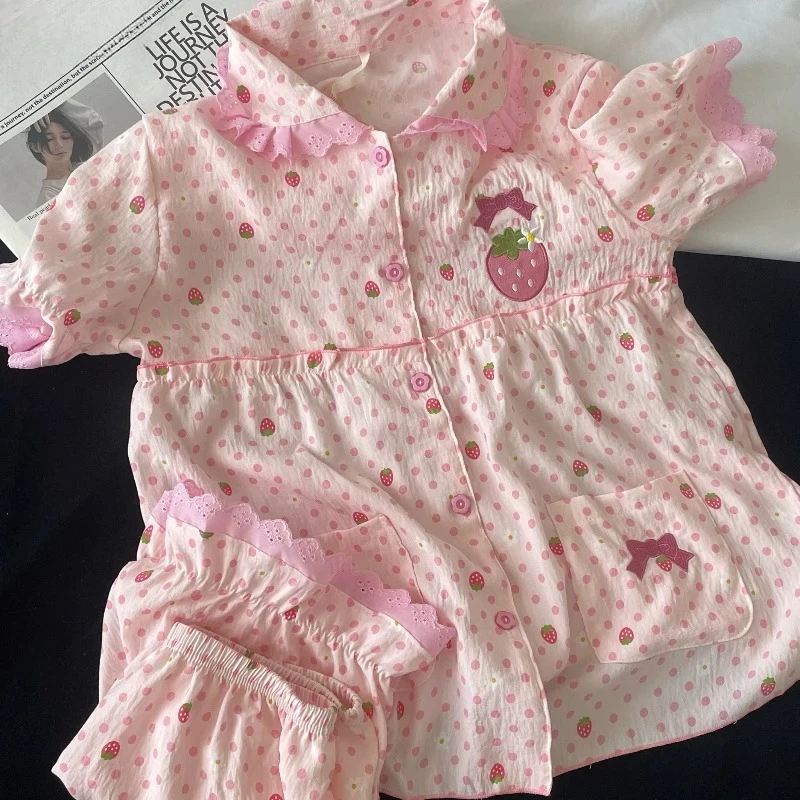 Summer Kawaii Lolita Style Strawberry Embroidery Pajamas Set Girl Cute Short Sleeve Tops Shorts Suit Women Sweet Homewear Pijama