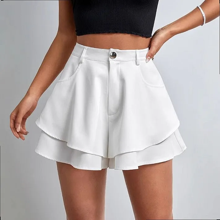2025 Summer Women High Waist Double Layer Loose Flared Plain Shorts Casual Fashion Shorts