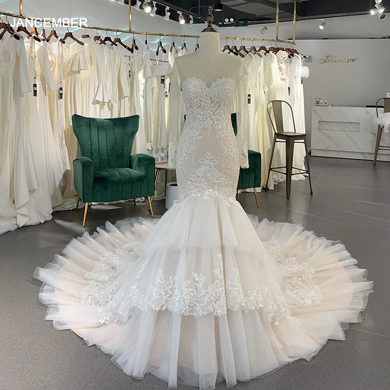 

2024 Mermaid Wedding Dresses Luxurious For Women Bride O-Neck Buttons Button Chapel-Train Robe De Mariée Customized LSSG056