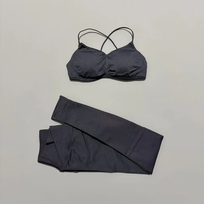 2-teiliges HISTELLO Vision Fitness-Set Nahtloser Cross-Back-BH und Tiefsitzende Rüschen-Leggings Schnelltrocknende Sport-Trainingssets – Detail 11