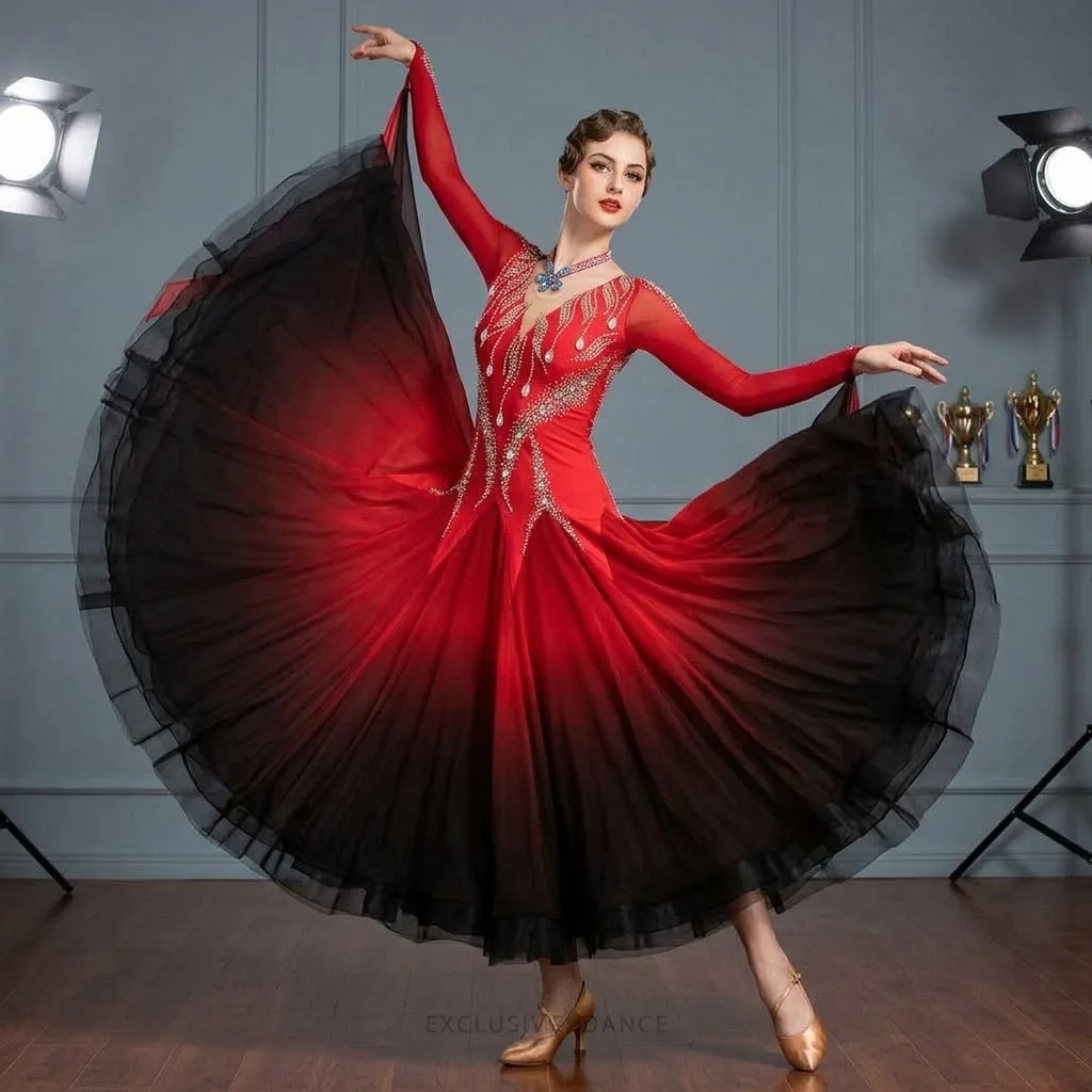 Womenl Rhinestone Mesh Long Sleeve Ribbon Ballroom  Dance Dress Sweetheart Neck Modern Waltz Gradient color Stage Costumes