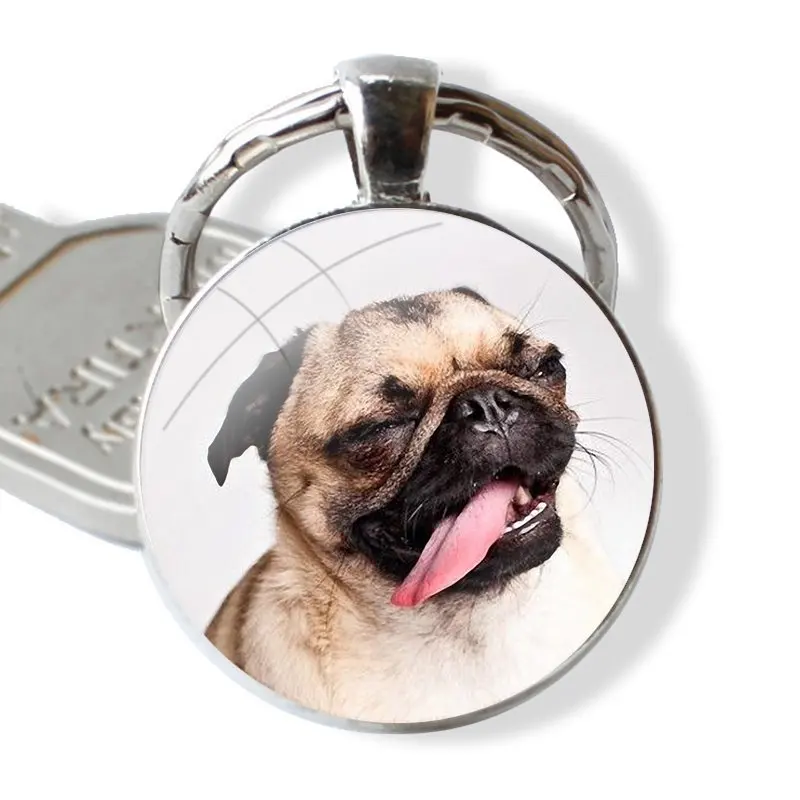 Cute Black Pug Dog Keychain Glass Cabochon Metal Pendant Classic Men\'s Women\'s Keyring