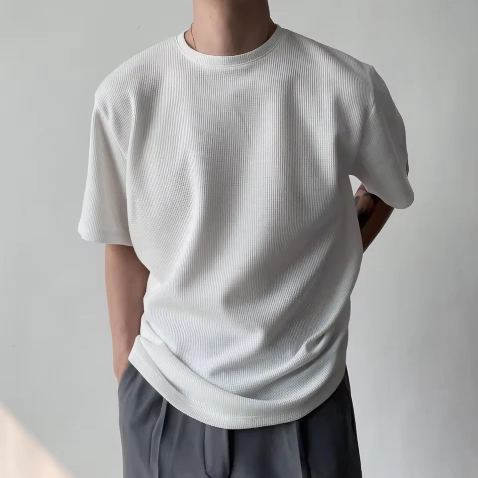 2025 Men's Casual Trendy Loose Solid Color O-neck Short Sleeve Waffle T-shirts Male Summer New Fashion Undershirts Clothes Tops