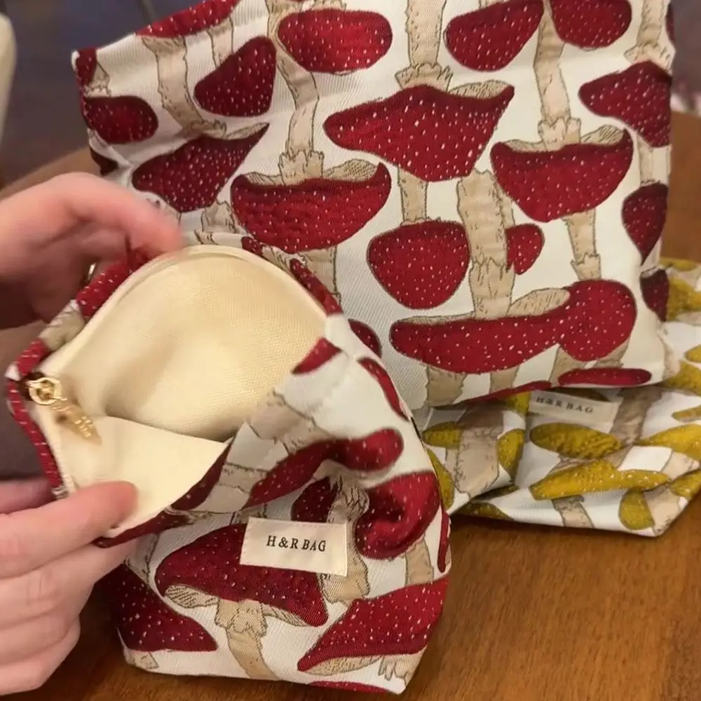 Artistic Canvas Makeup Bag M/L Size Red Mushroom Printing Storage Bag Washing Portable Handbag Skin Care Products Storage view 3
