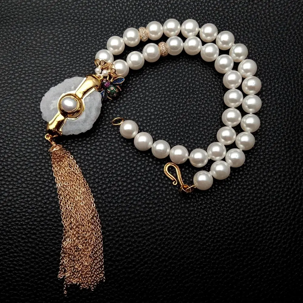 YYGEM  White Round Sea Shell Pearl Necklace Natural 35x47mm White Quartz Slice Cultured Pearl Pendant Cz Pave Insect Charm