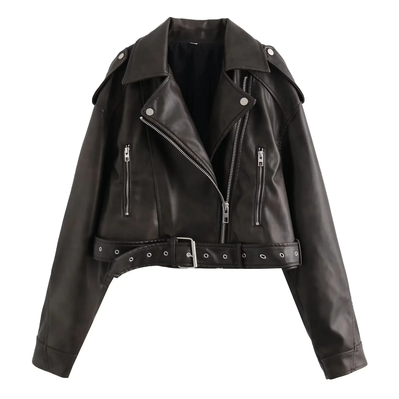 Women Vintage Streetwear Pu Faux Leather Cropped Jacket Female Retro Moto Biker With Belt Zipper Coat Lady Outwear Coats