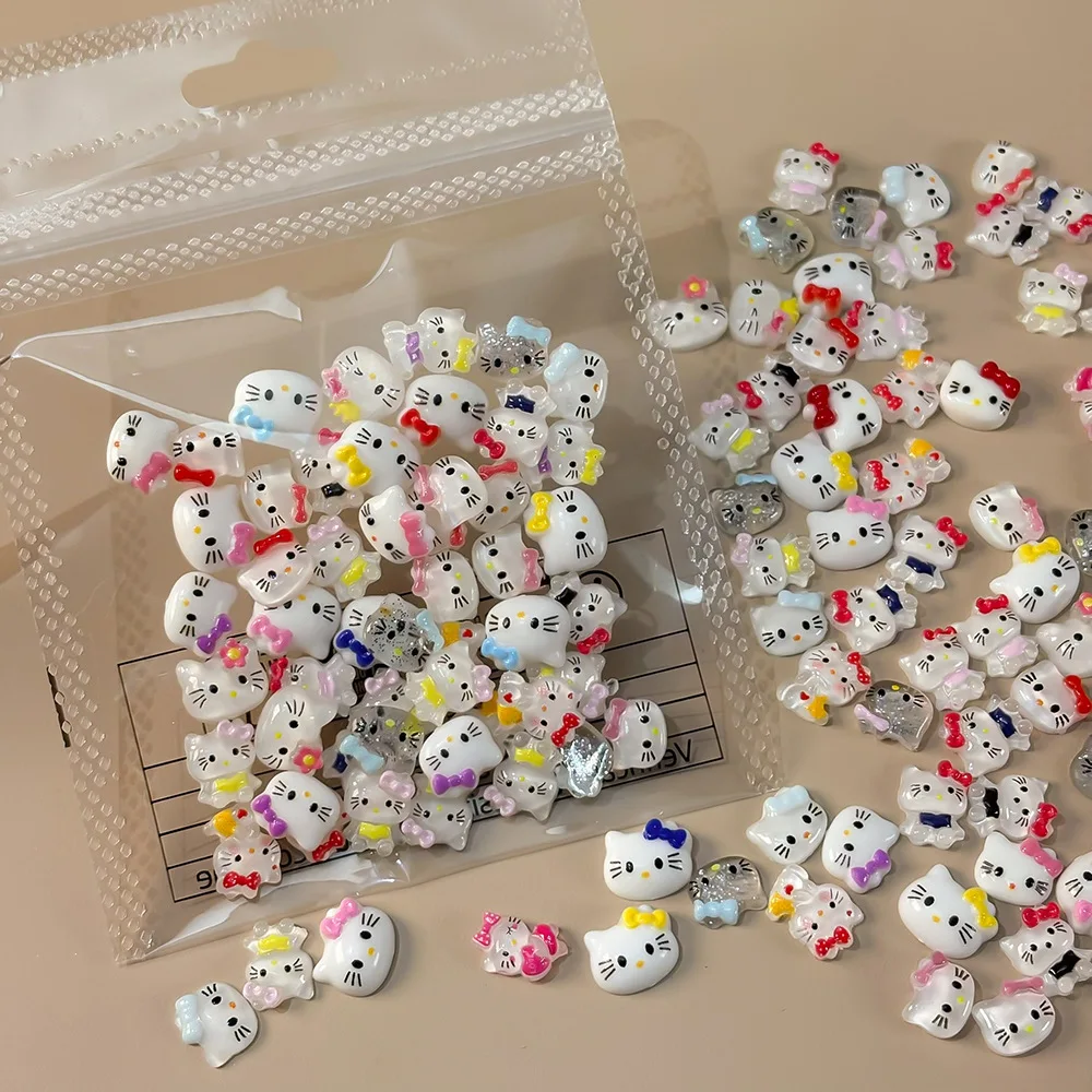 50PCS Mixed Hello Kitty Nail Charms 3D Color Bow KT Cat Resin Nail Ornaments DIY Manicure Nail Art Decor Accessories
