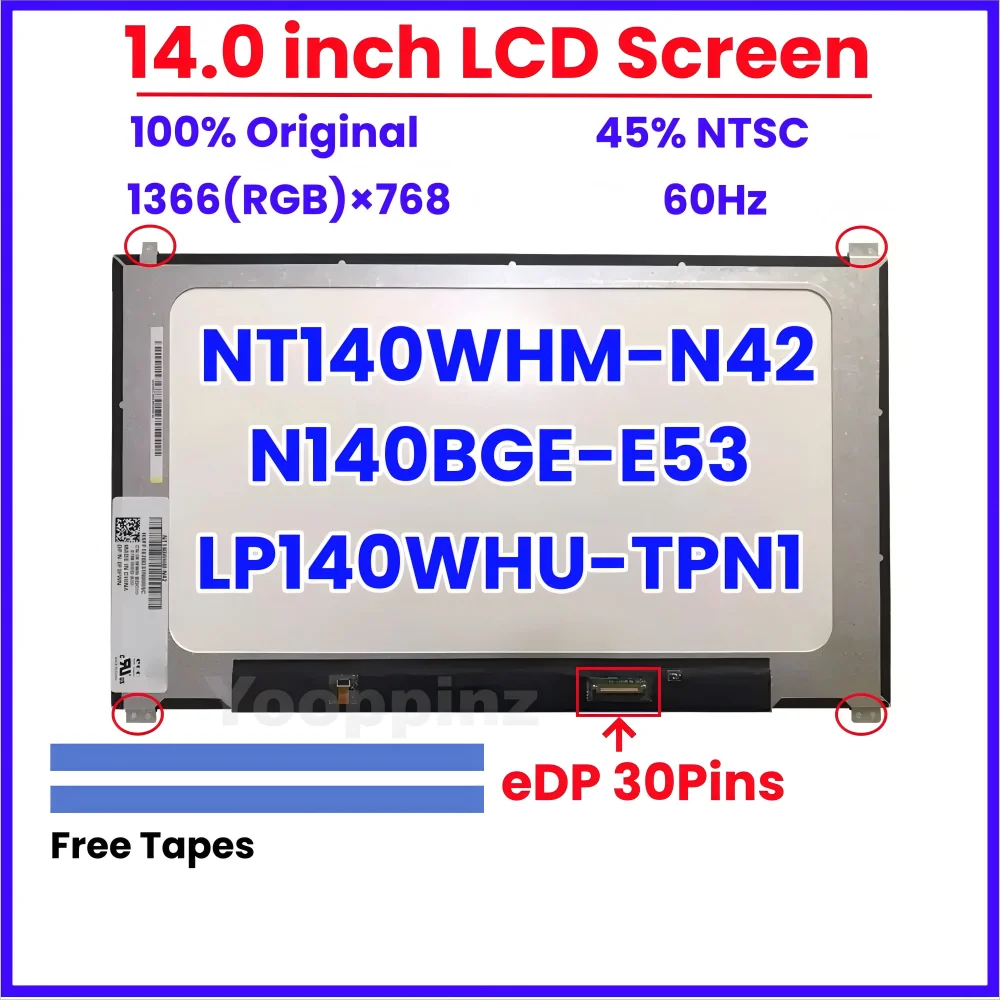 

14.0" Laptop LCD Screen Matrix Panel NT140WHM-N42 N140BGE-E53 LP140WHU-TPN1 For DELL Latitude E7480 E7490 1366*768 EDP 30Pins