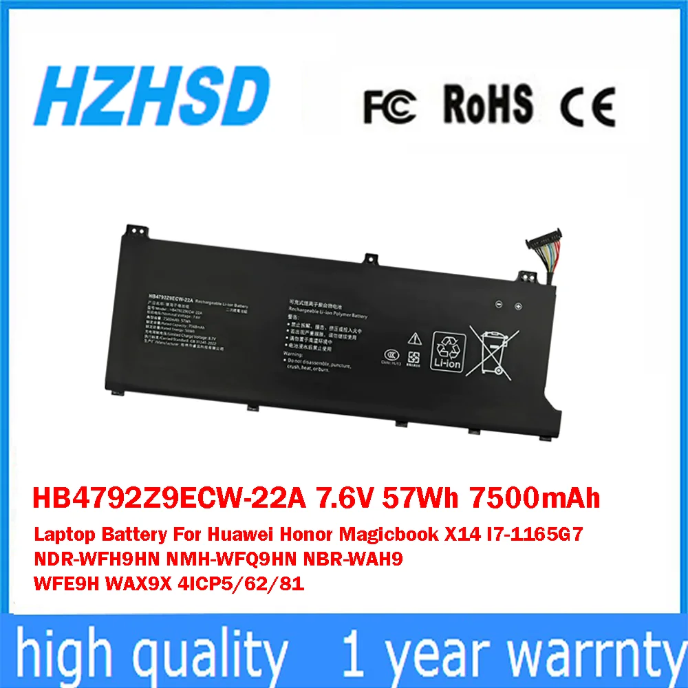 

HB4792Z9ECW-22A 7,6 В 57 Втч 7500 мАч Аккумулятор для ноутбука Huawei Honor Magicbook X14 I7-1165G7 NDR-WFH9HN NMH-WFQ9HN NBR-WAH9 WFE9H