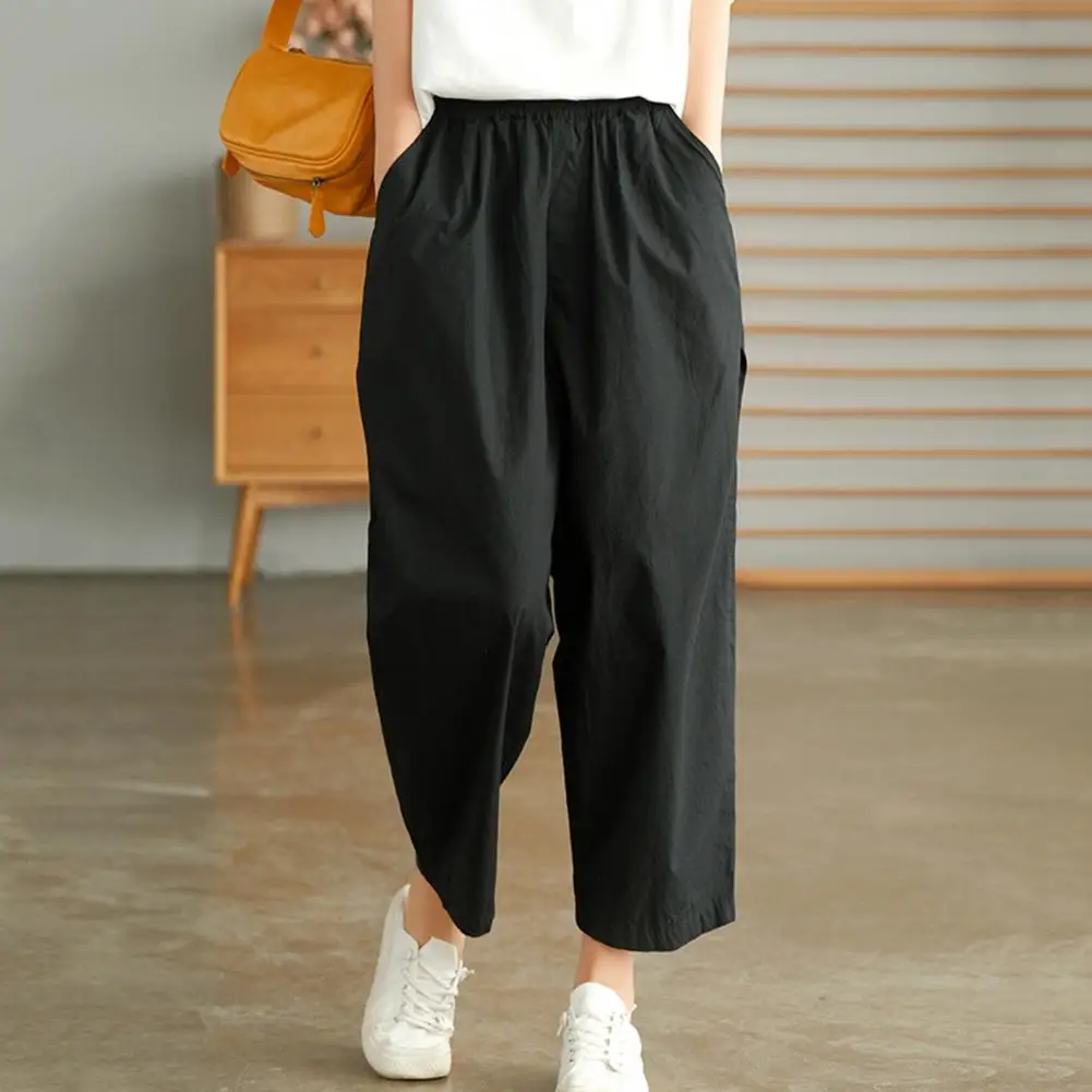 

Women Commuting Pants Elastic High Waist Women's Casual Pants with Pockets for Work Leisure Loose Fit Solid Color Trousers Wide