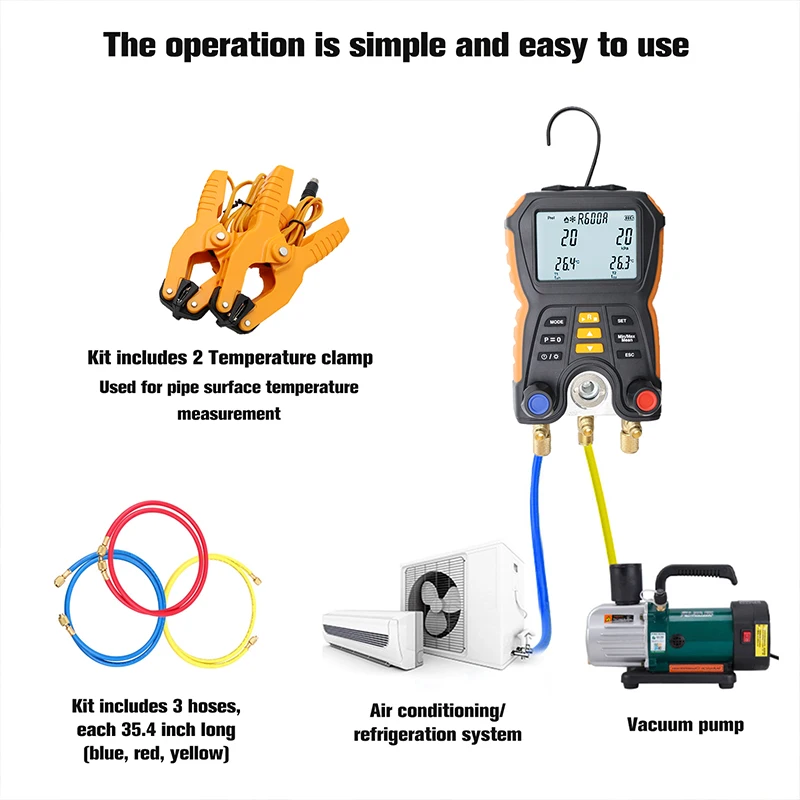 HTI HT-750 Digital Manifold Gauge Refrigerant Pressure Gauges Electronic Pressure Temperature Tester Leak Detector