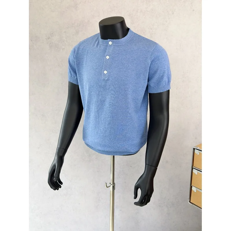 

Summer Solid Color Knitted Short Sleeved T-shirt for Men Loose Casual Business Social T-shirts Ice Silk Breathable Tee Tops 2026