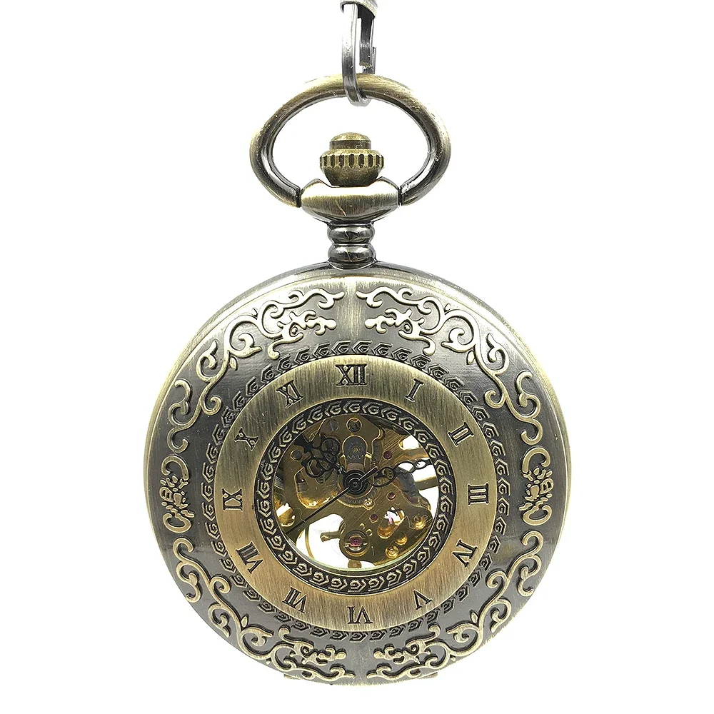 

Bronze Tone Hollow Case Mechanical Pocket Watch Double Roman Numerals Carving Steampunk w/ Chain Luxury Brand Watch