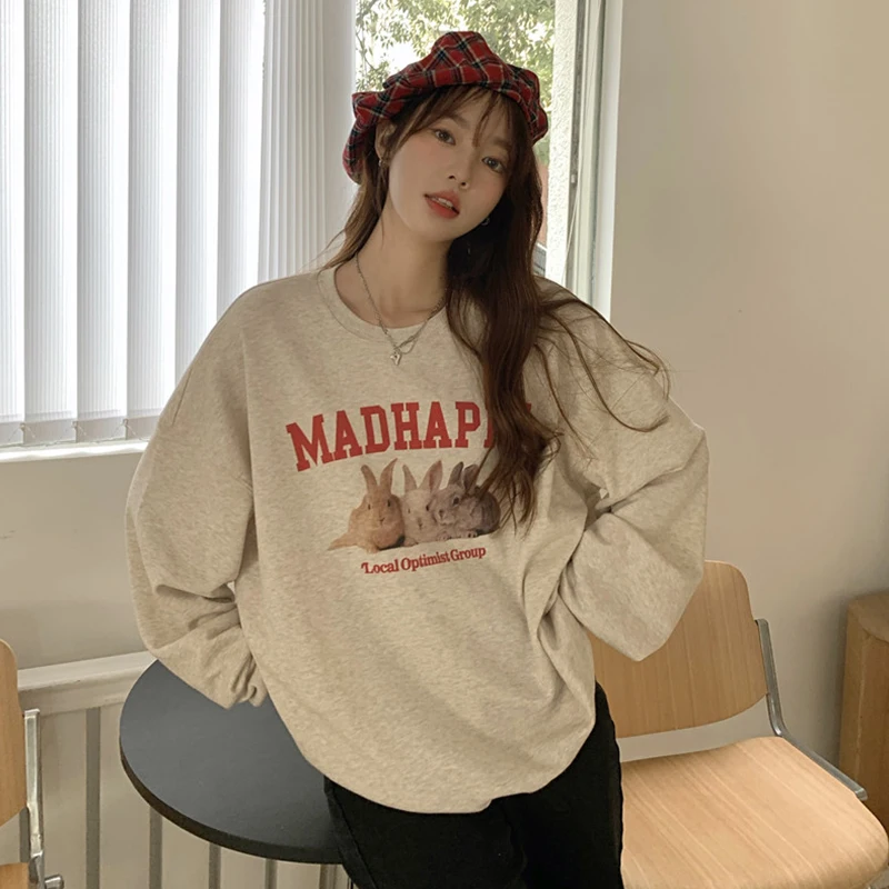 

Women's Grey New Baggy Pullover Fashion Printing Sweatshirt Lazy Wind Casual Raglan Sleeves Drawstring Hoodie Spring Autumn Top