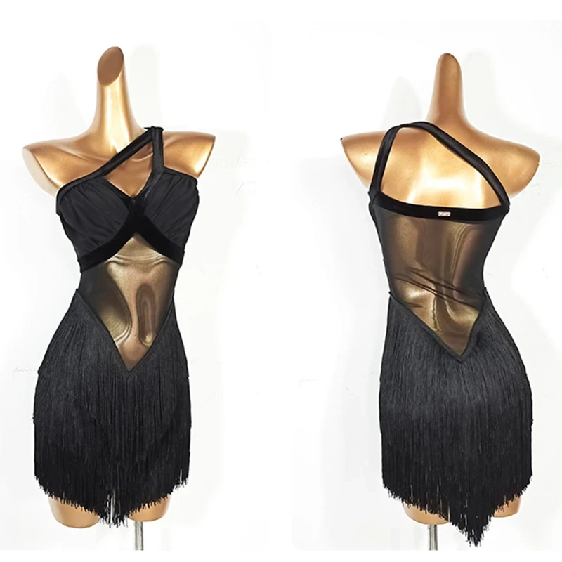 Costume de fête sans manches en fil extensible, Rumba Salsa, robe de danse latine Sexy avec pompon, épissage de couleur Pure, Performance pour femmes, nouvelle collection