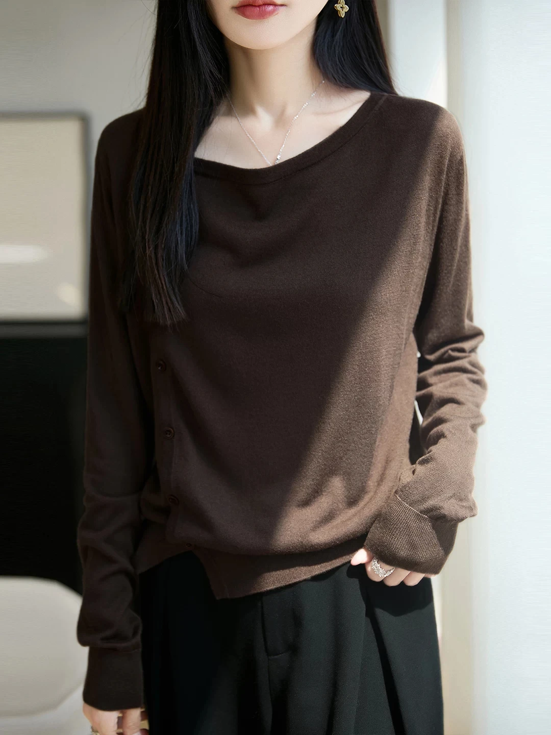 Asymmetric Slant Open Front Silk Wool Knitted Sweater Women's Loose Fit Soft French Style Fall Season Slimming Design Sensation