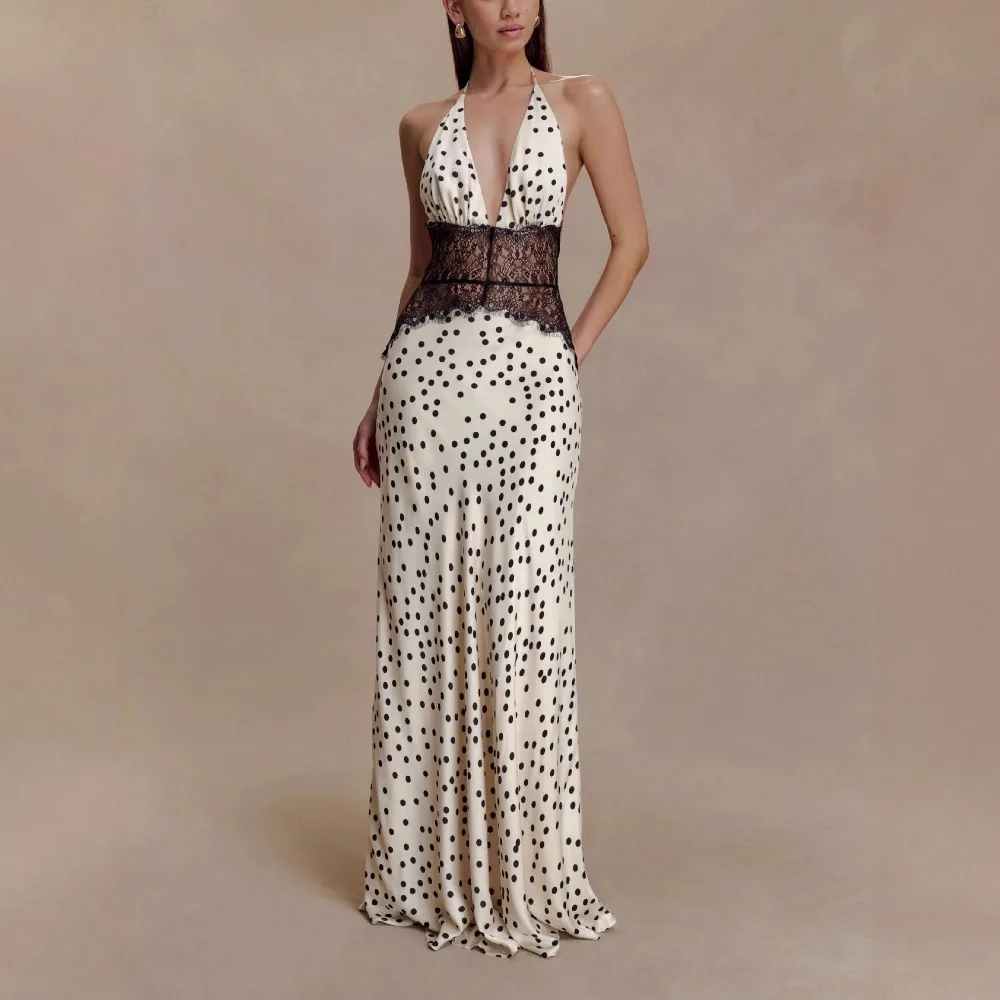 

Polka Dot Backless Sexy Maxi Dress Women Gown Elegant Patchwork Lace Halter Deep V Neck Sleeveless Bodycon Club Dress