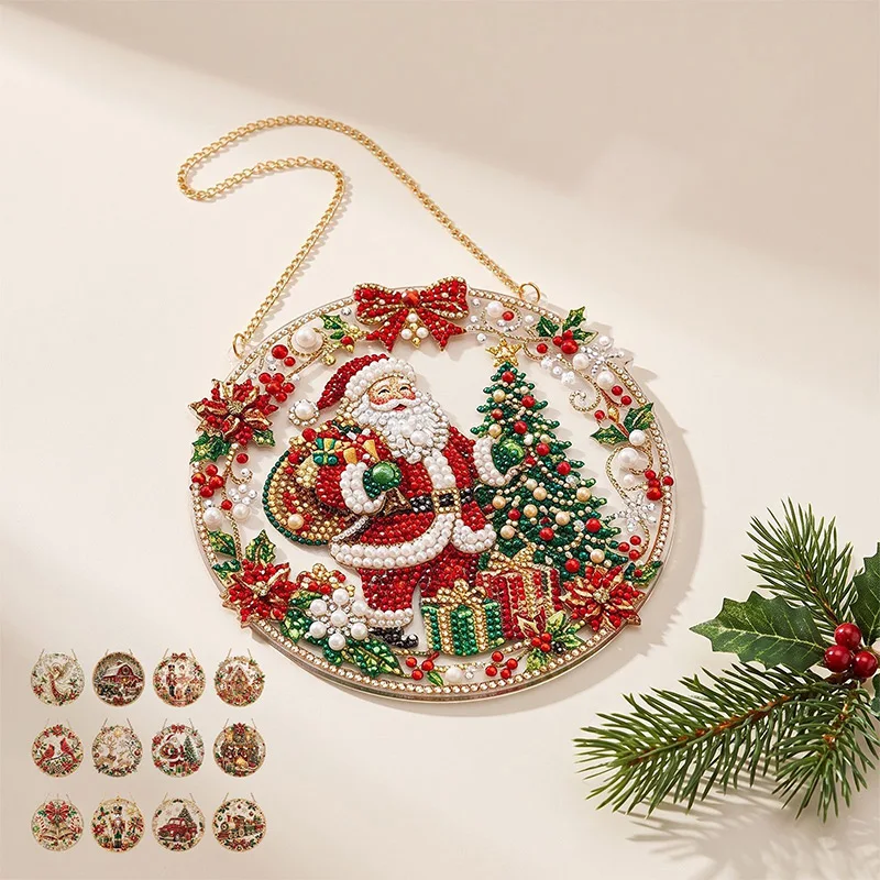 Christmas Round Diamond Painting Acrylic Pendant Sparkling Suncatcher Craft Kit Christmas Tree Decorations Christmas Home Decor