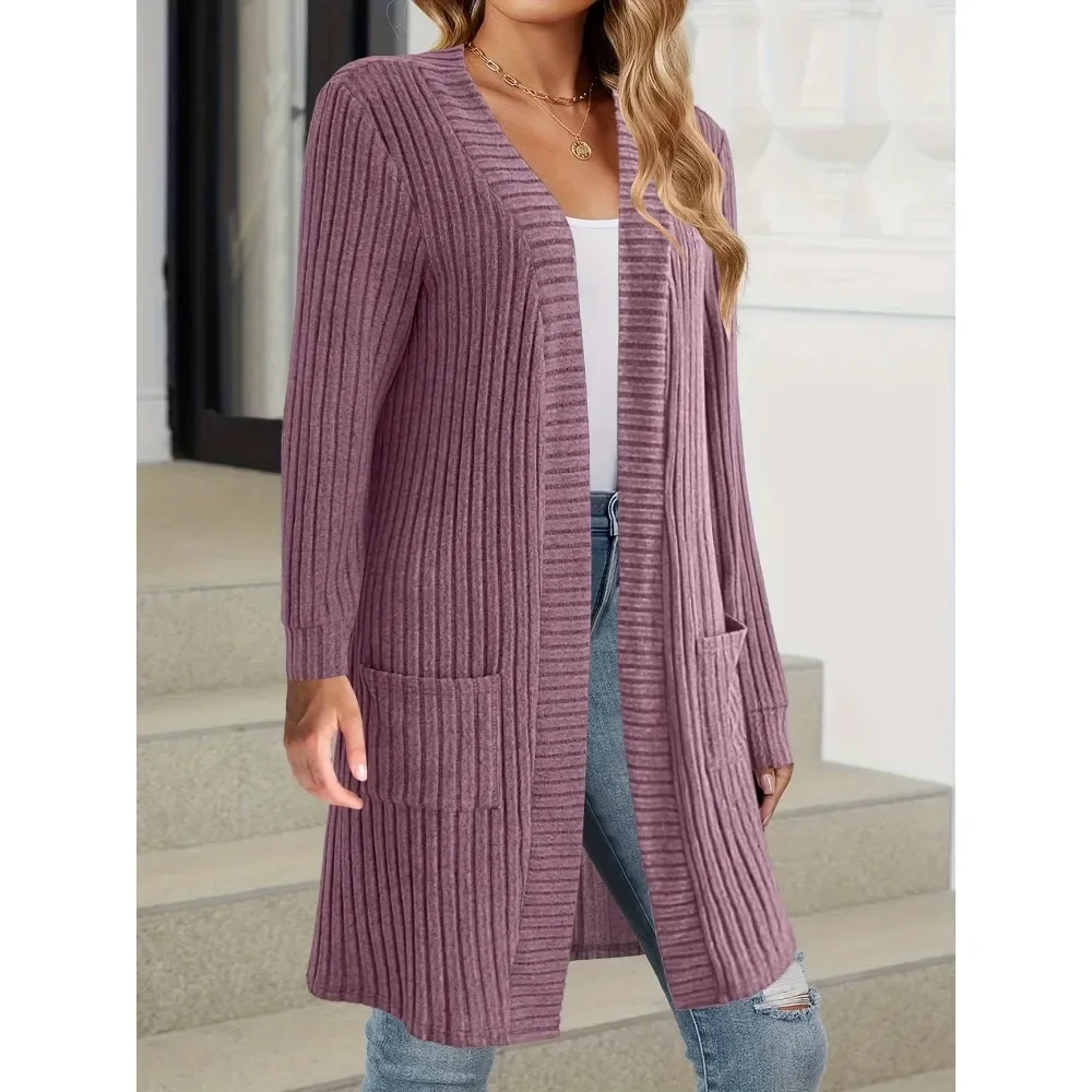 حجم كبير 1XL-5XL المرأة الموضة الصلبة مضلع جيوب معطف طويل السيدات عادية مفتوحة الجبهة معطف أنيق كم طويل معطف