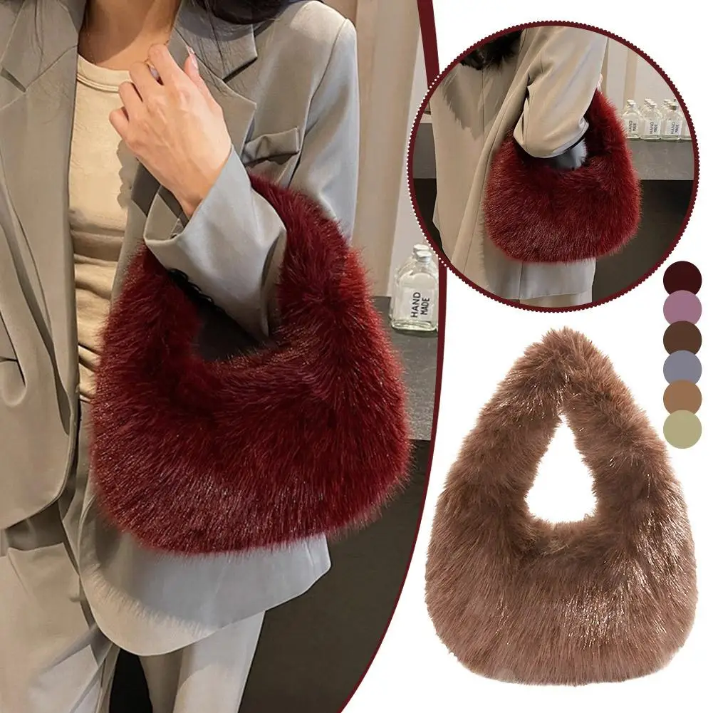 

Fashion Soft Plush Half Moon Bags for Women Designer Fluffy Faux Fur Lady Handbags Luxury Small Tote Female Winter Purses
