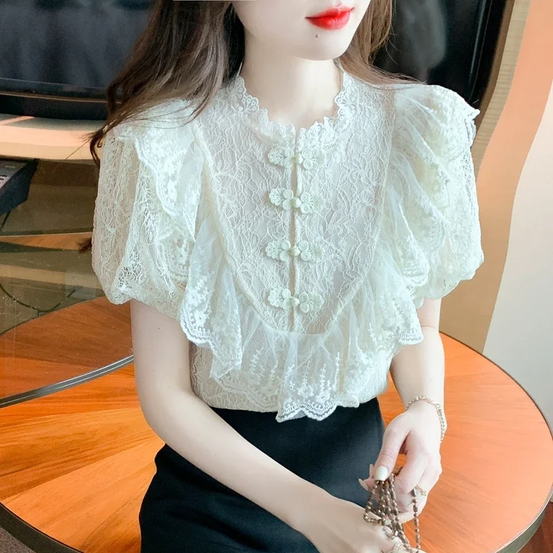 Vintage Lace Blouses Women Summer 2024 Elegant Fashion Casual Puff Sleeve Ladies Tops Korean Style Slim Y2k Chiffon Shirts