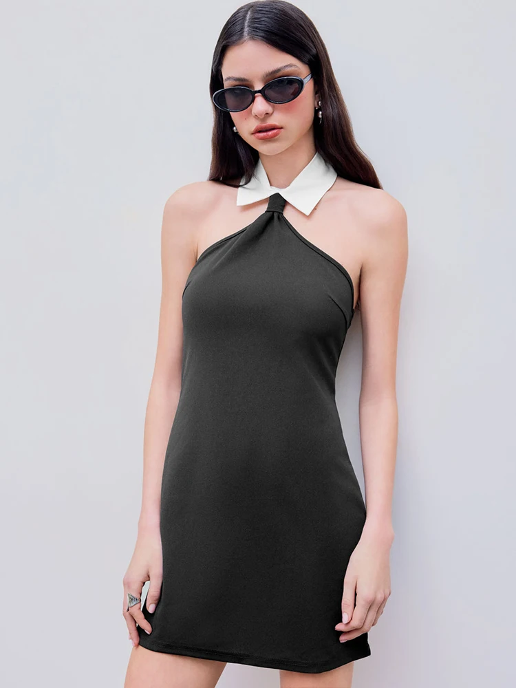 فساتين راقية صيفية 2025 فستان قصير مثير بدون ظهر وطية صدر السترة باللونين الأبيض والأسود ملابس الفتيات الصغيرات #4