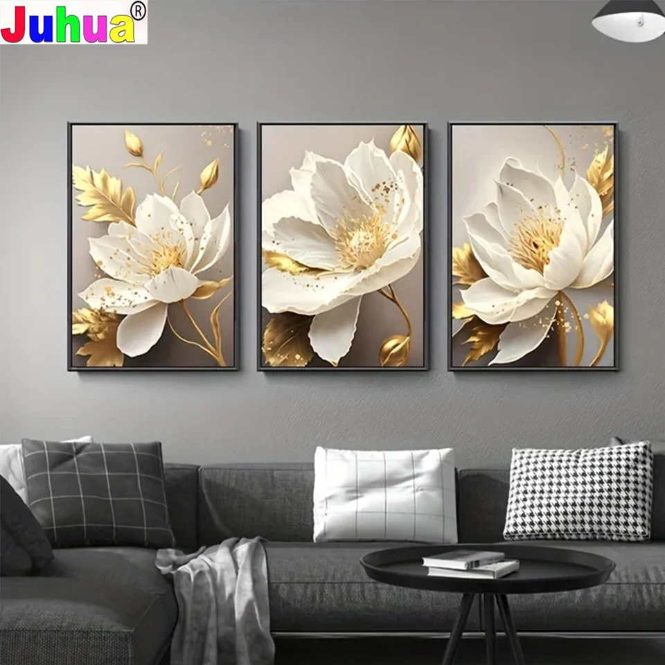 Triptych Golden Plant White Flower DIY diamond painting New 2024 Full Diamond Mosaic Cross Stitch Embroidery Kit Home Decor