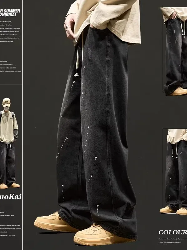 

American Sle Men's Loose Wide Leg Jeans Spring Autumn Trendy Brand Waed Casual Long Trousers Dyeing Proc Comfortable Fit