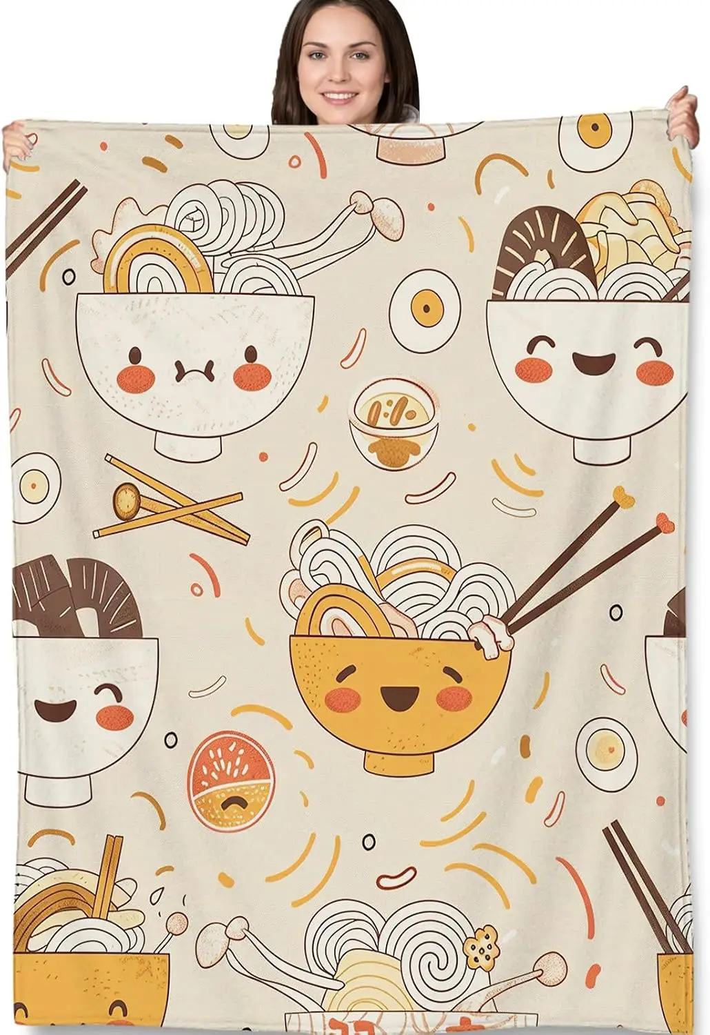 Cute Cartoon Ramen Noodle Bowl Chopstick Egg Repeat Print Flannel Throw Blanket Soft Warm Cover for Sofa Kitchen Home Decor