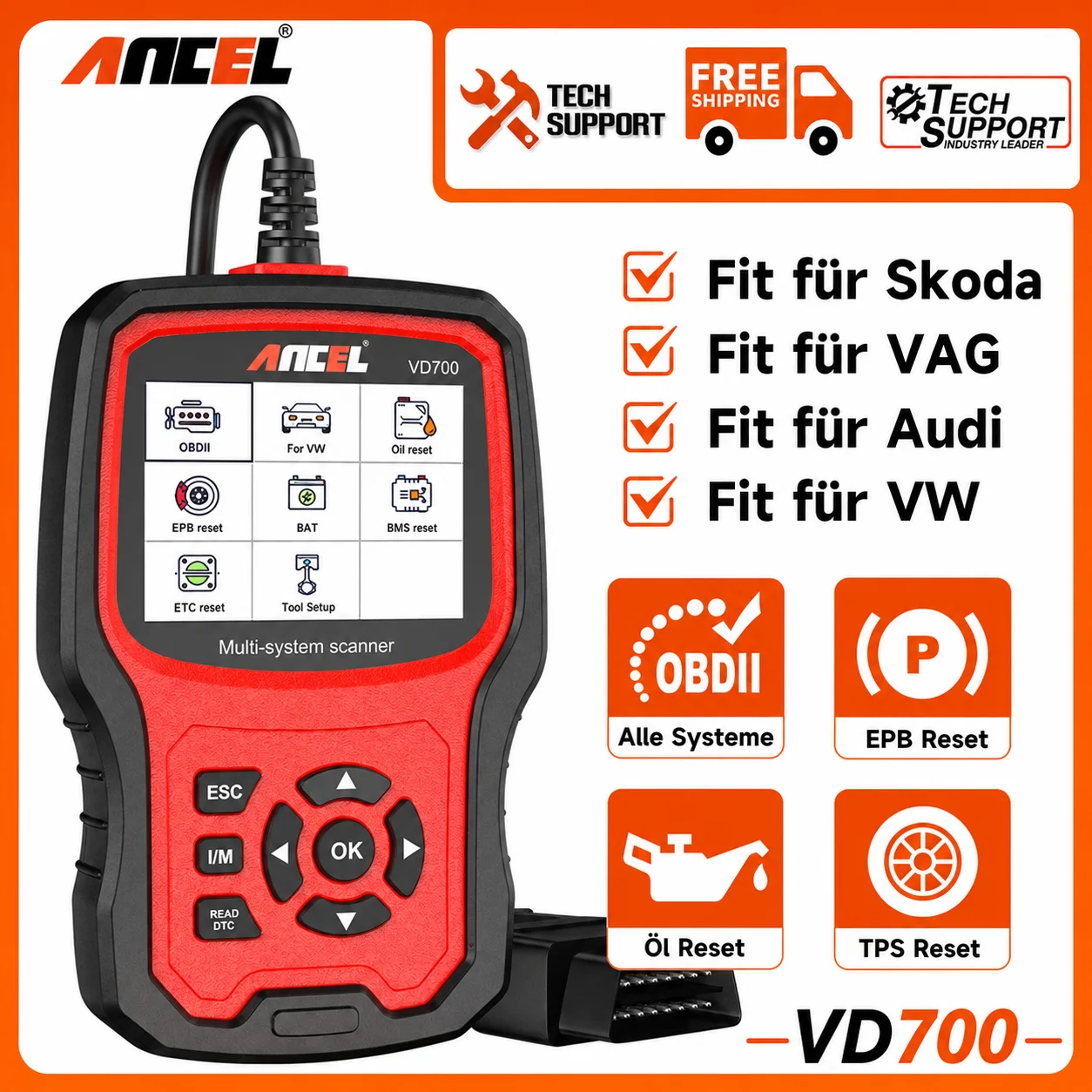 ANCEL VD700 OBD2-Diagnosegerät für VAG-Fahrzeuge: VW, Audi, Skoda, Seat – 8 Reset-Funktionen, DPF-Regeneration, EPB, Bremsbelagwechsel, Batterie-Registrierung, Injektor-Codierung, SAS,