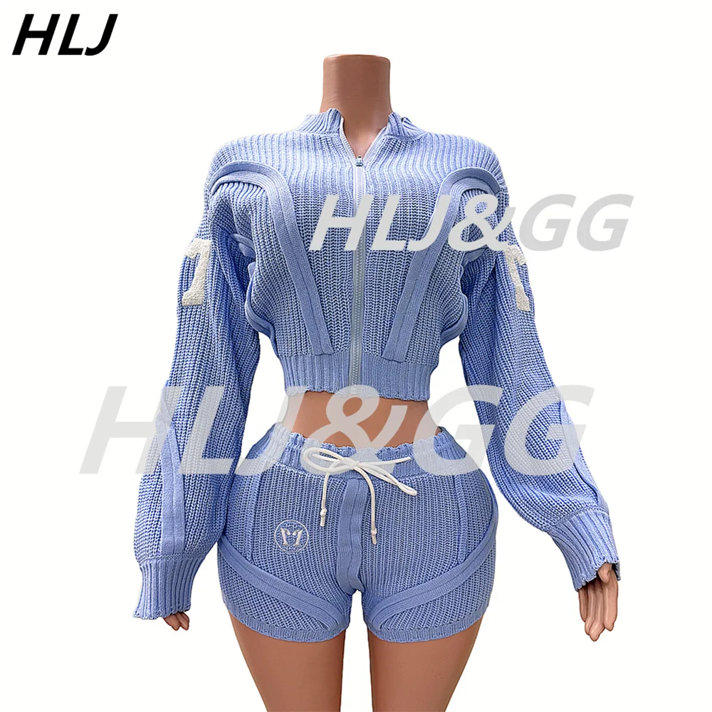 HLJ Blue Autumn New Letter Print Knitted Sweater Two Piece Sets For Women Zip Long Sleeve Crop Top And Drawstring Shorts Outfits