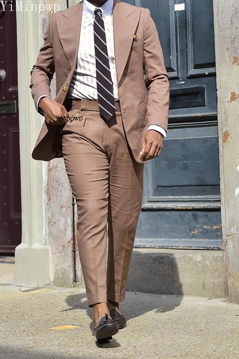 YiMinpwp Bruin Herenkostuums Piek Revers Linnen 2-delig Feest Schoolfeest Pak Lente Zomer Zakelijk Slim Fit Pak Herenkleding XS-5XL