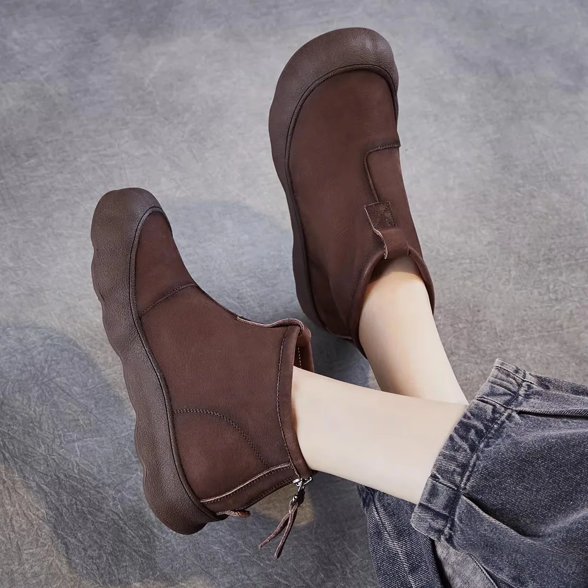 

Genuine Leather Mom Boots High Top Women's Shoes Vintage Short Boots Casual Head Layer Cowhide Thickened Rubber Sole