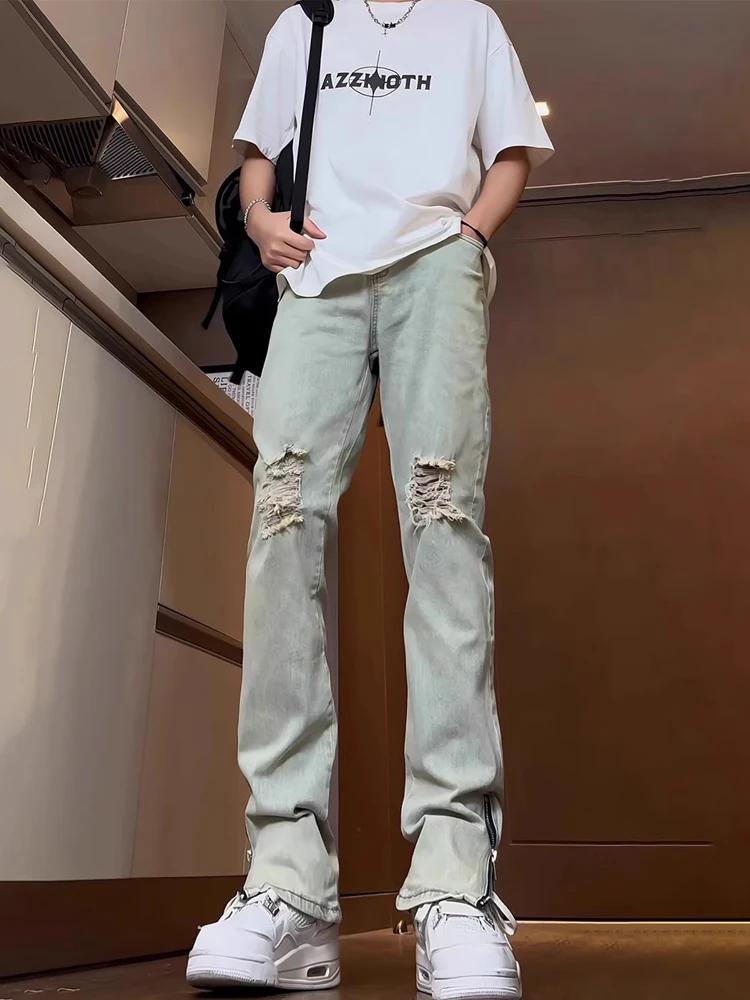 

Retro American Vibe Men's Denim Pants Side Zipper Repair Hole Small ence Design Sense Straight Leg Micro Flared Pants